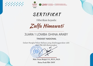 Juara 1 Lomba Ghina Araby Tingkat Nasional Dalam Rangka Pekan Bahasa yang diselenggarakan oleh HMJ PBA IAIN Batusangkar
