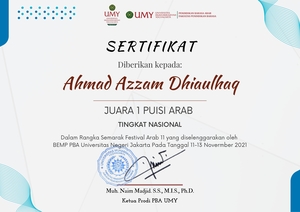 Juara 1 Puisi Arab Tingkat Nasional Dalam Rangka Semarak Festival Arab 11 yang diselenggarakan oleh BEMP PBA Universitas Negeri Jakarta 